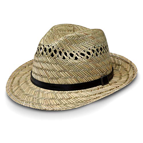 fiebig Bogart Strohhut für Damen & Herren | Sonnenhut aus 100% Stroh mit veganem Leder-Hutband | Natur Fedorahut in vielen Größen (59-L)