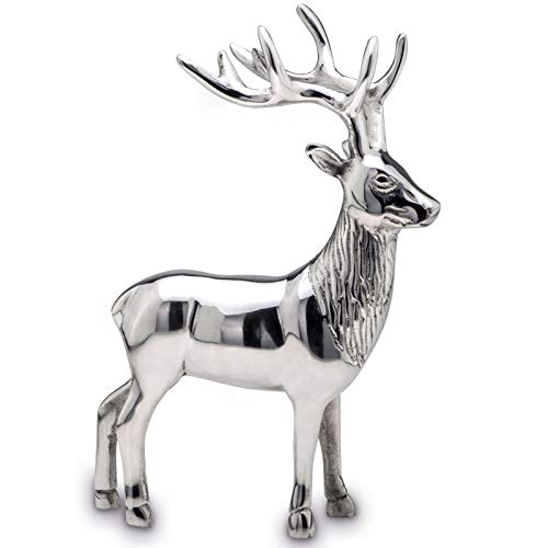 Große stehende Aluminium XL Deko Hirsch Figur - silbern glänzende Jagtfigur mit Geweih - Weihnachts-Deko zum Hinstellen Höhe 29 cm