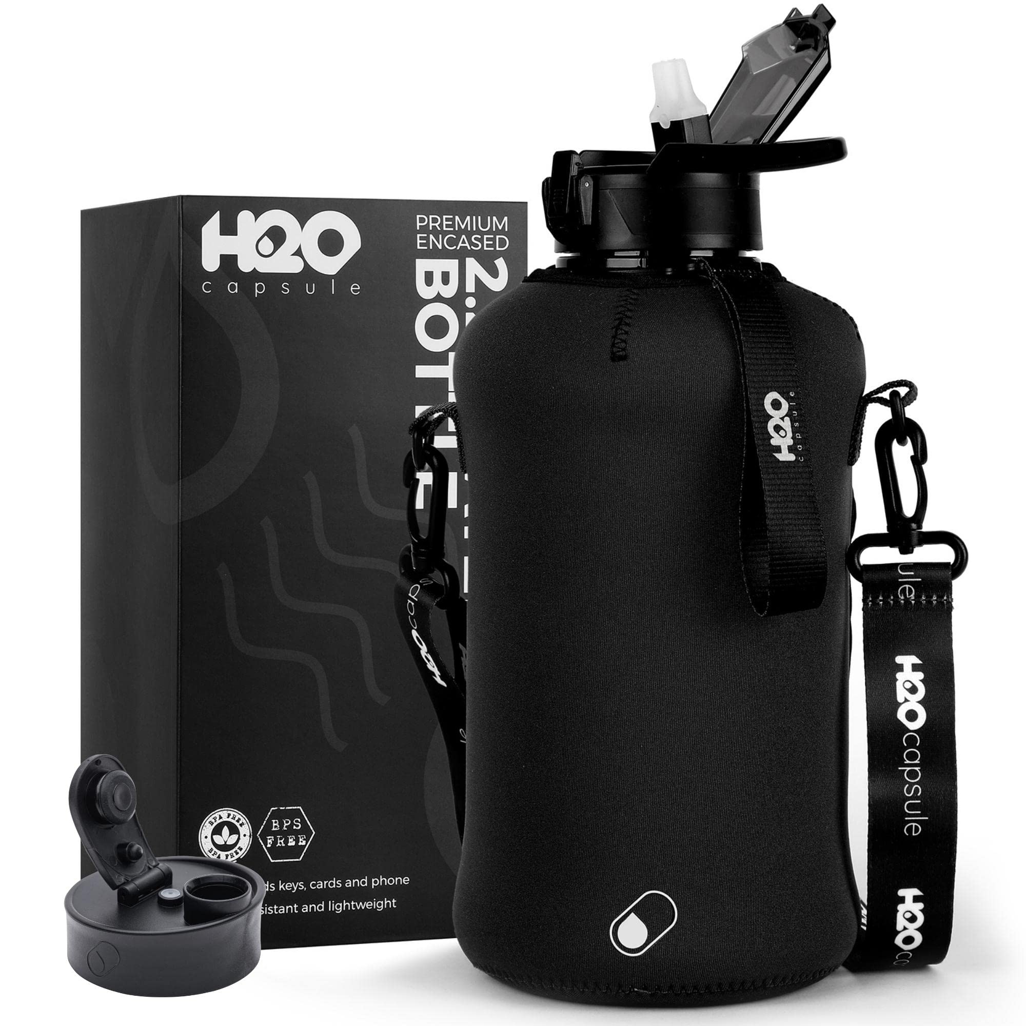 H2O Capsule 2,2L Half Gallon Wasserflasche mit Aufbewahrungstasche und Deckel Strohhalm – BPA-freier großer wiederverwendbarer Getränkebehälter Griff Sportkrug, 2,2 Liter (72 oz) Tiefschwarz