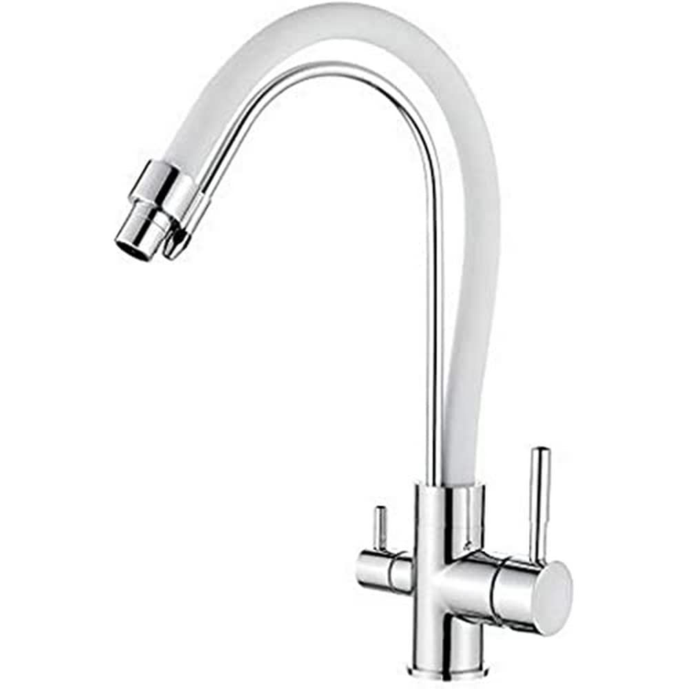 Ibergrif M22122-3 - 3 Wege Küchenarmatur, Wasserhahn für Küche mit Weiß Flexibler Auslauf, Chrom, Silber