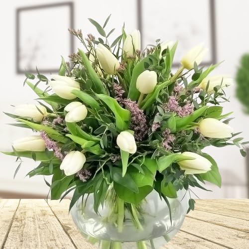 Himmlischer Tulpenstrauß - Blumenstrauß mit 15 weißen Tulpen - Inklusive Grußkarte