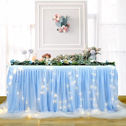 HBBMAGIC LED Tischrock Blau Tüll Tischdeko Party deko Für Babyparty mädchen, Hochzeit, Geburtstag, Weihnachten, Candy bar zubehör(Blau,427cm*76cm)