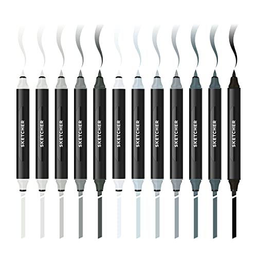 Molotow Sketcher Twinmarker Grey Kit 2 (Brush Tip & 3mm Keilspitze, farbintensive Aqua Pro Tinte, schnelltrocknend, Graffiti Stifte für die Anwendung auf Papier) 12 Stifte in kühlen Grautönen