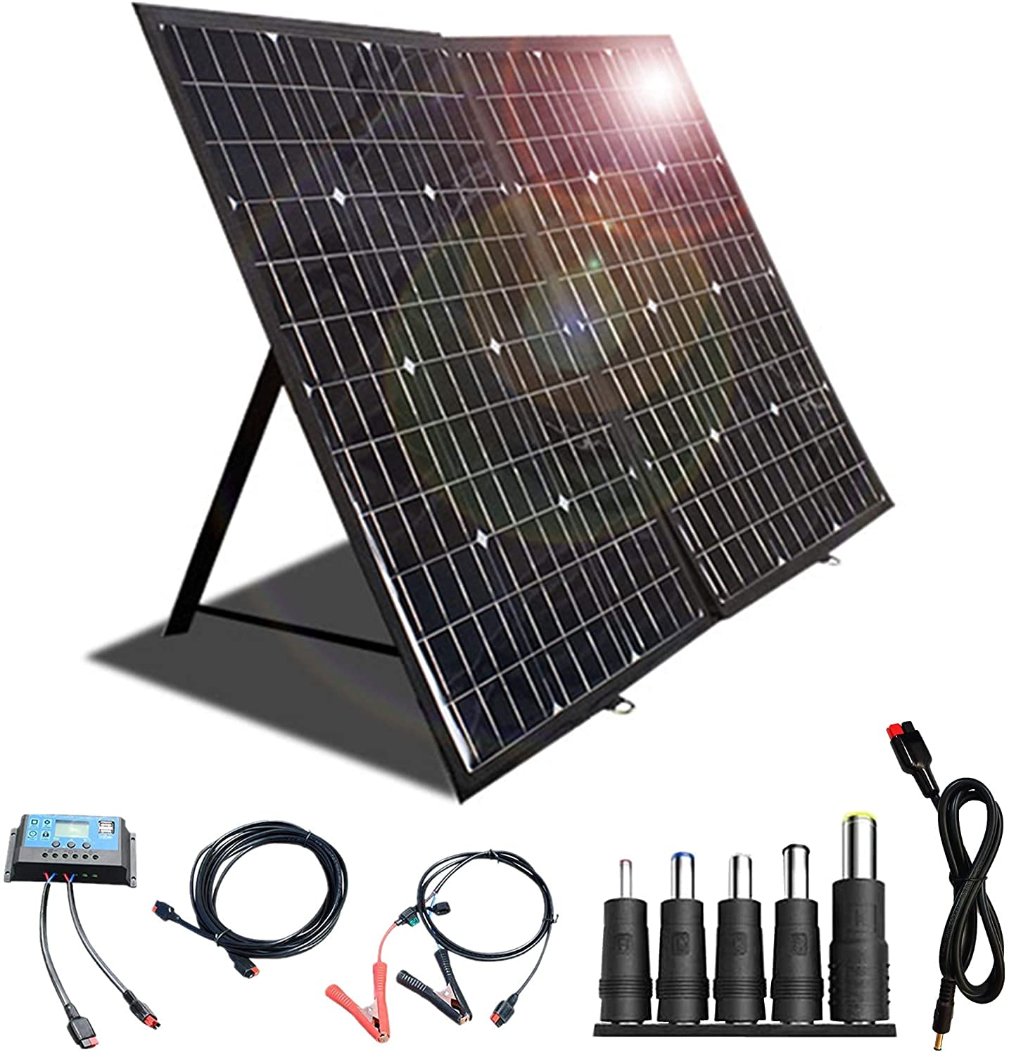 Tragbares Solar Ladegerät 120W 12V Faltbares Monokristallines Solarpanel Kit mit Anderson 18V DC Ausgang 10A Solar Laderegler Batterieklemmkabel für 12v Batterie/Wohnmobil/Campingboot/Handys(120w)