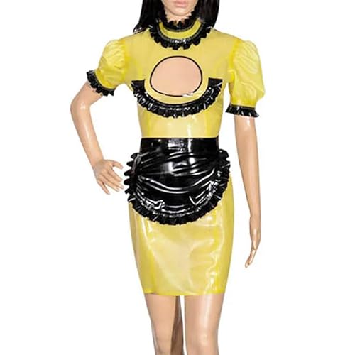 Gelb und Schwarz Sexy Französisches Dienstmädchen Latex Uniform Outfit mit Schürze Offene Vorderseite Puff Ärmel Gummikleider - schwarz und weiß Besatz - weiblich M