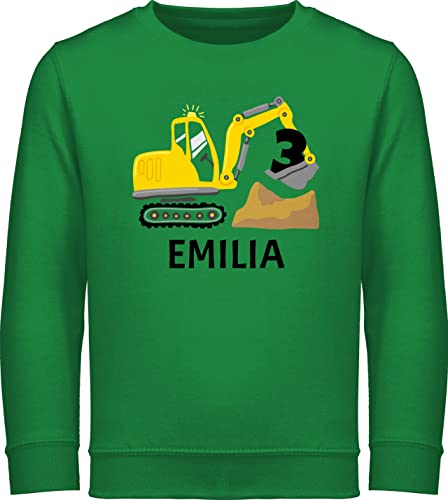 3. Geburtstag personalisiert - Bagger mit Name zum Dritten - 104 (3/4 Jahre) - Grün - Pullover Kinder - JH030K - Kinder Sweatshirt Pullover für Jungen und Mädchen