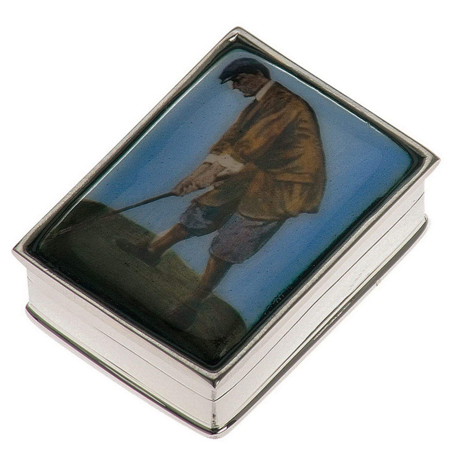 kleine rechteckige Pillendose 925 Sterling Silber - Deckel mit Golfer-Motiv - ca. 3.7 x 2.7 cm - ohne Einsatz 1 Fach