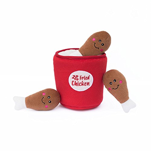 ZippyPaws - Food Buddies Burrow, interaktives Hundespielzeug mit Quietschelement, Plüschtier – Kübel mit Huhn.