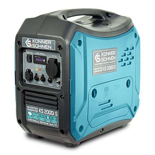 Könner&Söhnen KS 2000i S Invertergenerator.Schalldichtes Gehäuse (64 dB Lpa 7 m).Höchstleistung 2000 Watt, 1x16 A (230 V), 2 USB-Anschlüsse, Kupferwicklung, Kurzschluss- und Überlastschutz