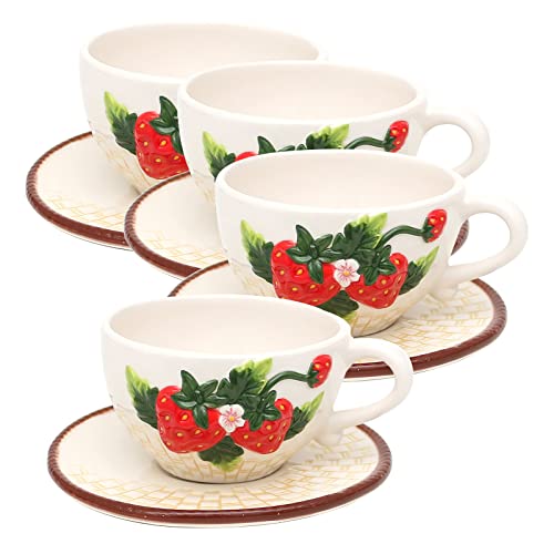 neuetischkultur Tassen-Set 4-teilig, Keramik Erdbeere Kaffeetasse Teetasse mit Untertasse