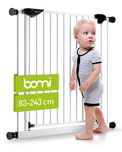 BOMI Türschutzgitter 83-243 | Zum Klemmen | 90° Stop | Treppenschutzgitter aus Metall weiß selbstschließend | Gitter Türgitter Absperrung für Babys und Tiere