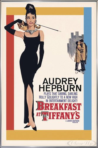 Close Up Breakfast at Tiffany's Poster Audrey Hepburn (93x62 cm) gerahmt in: Rahmen Silber