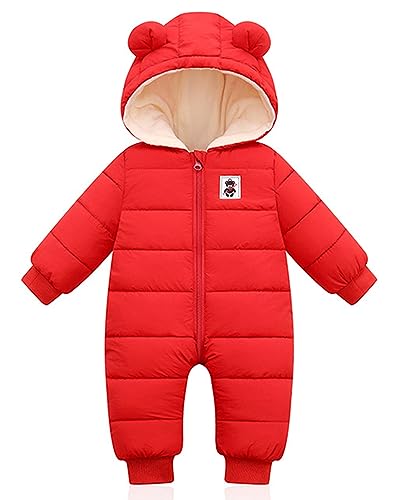 Baby Winter Overall mit Kapuze, Strampler Schneeanzug Jungen Mädchen Langarm Jumpsuit Warm Outfits Geschenk 6-9 Monate,Rot