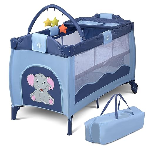 DREAMADE Babybett mit Spielzeug, Babywiege Komplettset, Stubenwagen Baby Reisebett Klappbar, Kinderbett Kinderreisebett mit Rollen und Bremse (Blau)