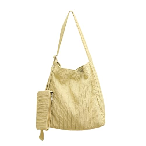 CASNO Taschen für Damen, große Kapazität, Reißverschluss, einfarbig, plissiert, gestreift, Canvas, Umhängetasche, Eimer, Handtasche mit kleiner Tasche, gelb