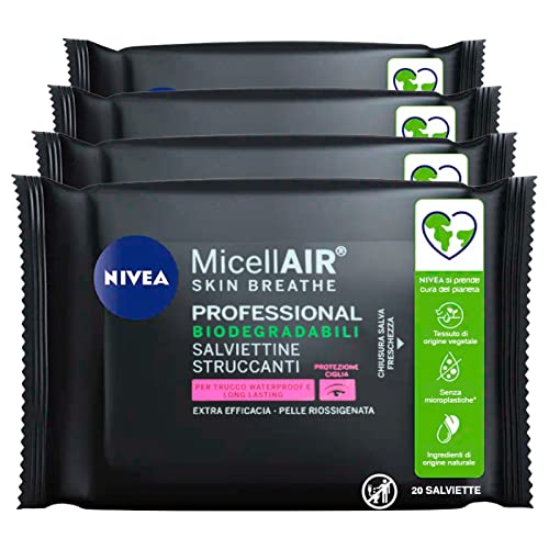 Nivea MicellAIR Professional Make-up-Entferner-Tücher mit pflanzlichen Inhaltsstoffen für Gesicht und Make-up, wasserdicht, 4 Packungen mit je 20 Tüchern