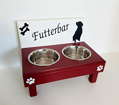 Jennys Tiershop Fressnapf Hundenapf für große Hunde, Futterbar mit 2 Edelstahlnäpfen mit je 1500 ml. Handgefertigtes Hundezubehör. weiß/rot, gerne Ihre Rasse! Wunschfarbe! (rgh4)