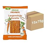 FRECHE FREUNDE Bio Laugensticks "Karotte", Knabberstangen ohne Aufstreusalz, mit Dinkelmehl, vegan, Kindersnack, 15er Pack (15 x 75 g)