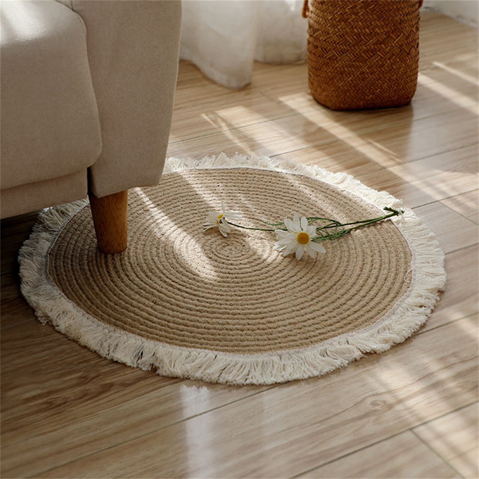 RAILONCH Jute Rund Teppich, Handmade Weben Rund Teppich mit Quaste Boho Jute Teppich Rund Esszimmer, Schlafzimmer Kinderzimmer Teppich (80cm)