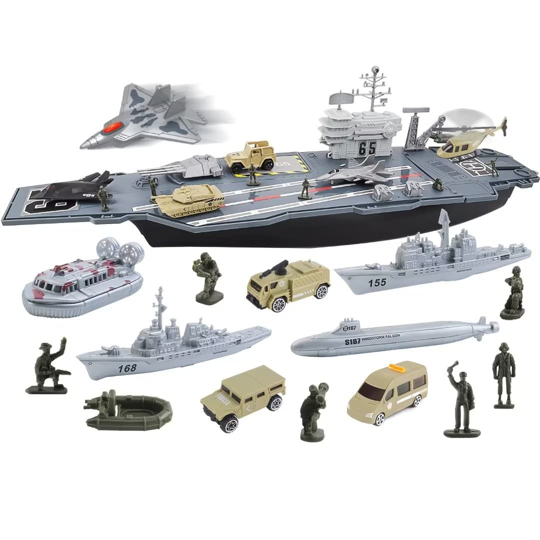 deAO Modellschiff-Flugzeugträger mit kleinen Modellflugzeugen, LKW, Panzer, U-Boot, Schlachtschiffen und Actionfiguren inklusive