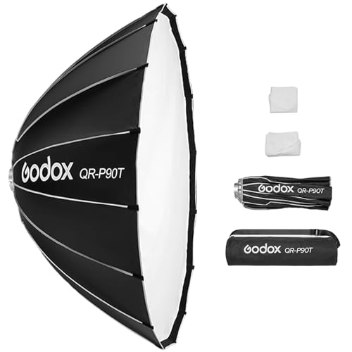 Godox QR-P90T 90 cm/35,4 Zoll parabolische Tiefe Softbox, Schnellverschluss, Faltbare Softbox mit Standard-Bowens-Halterung und Diffusoren für Blitzgerät Speedlite Dauerlicht Fotografie Porträt