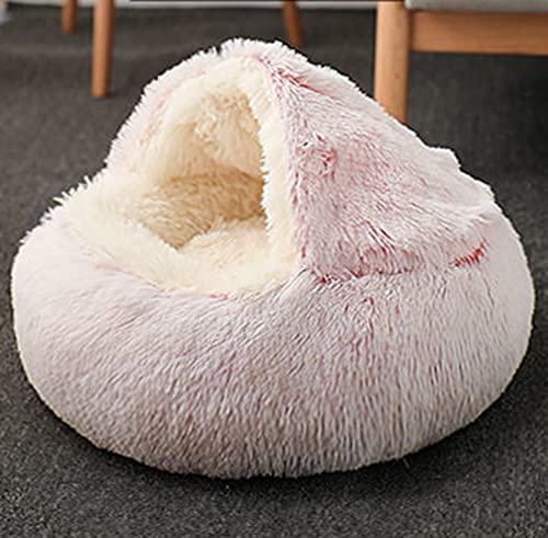 Weiches, rundes Haustierbett, Donut-Design, flauschiger Plüsch, mit Kapuze, für Kätzchen, Schlafbett, Katzenzelt, Welpenbett, kleines Hundebett, rutschfeste Unterseite, waschbar, M-50 cm, Rosa Stil 2