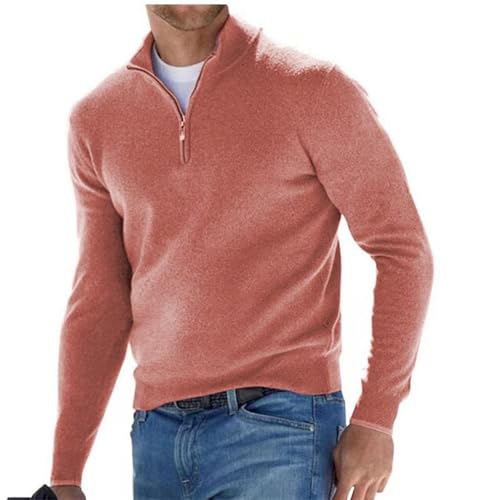 Herren Kaschmir Reißverschluss Basic Pullover, gestrickter Herren-Pullover mit Rundhalsausschnitt, langärmelig, weicher Griff, Viertelreißverschluss, Pink, Mittel