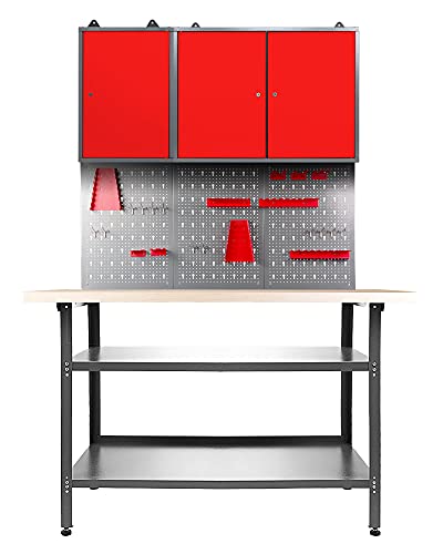 Ondis24 Werkstatteinrichtung 120 cm Werkbank Nobbi, Metall, Lochwand mit Hakensortiment, 2 Werkstattschränke (Arbeitshöhe 85 cm, Rot)