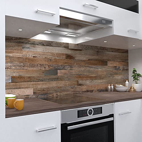 OneWheel | selbstklebende Küchenrückwand | 400x50 cm harte PVC Folie | Wandtattoo für Fliesenspiegel Design Holz Braun | Motiv: Holzrückwand