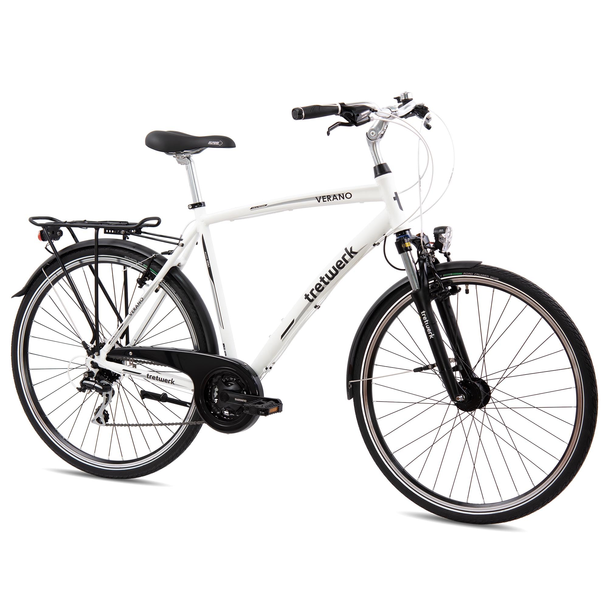 Tretwerk - 28 Zoll Herren Fahrrad - Verano weiß 56 cm - Citybike mit 24 Gang Shimano Schaltung - Herrenfahrrad mit LED-Beleuchtung - Cityrad für Männer
