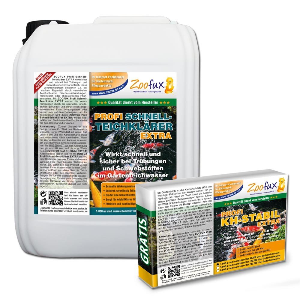 ZOOFUX Profi Gartenteich Schnell-Teichklärer EXTRA 5.000 ml + GRATIS: 1.000 g KH-Stabil (Wirkt sicher & schnell bei Trübungen und Schwebstoffen)