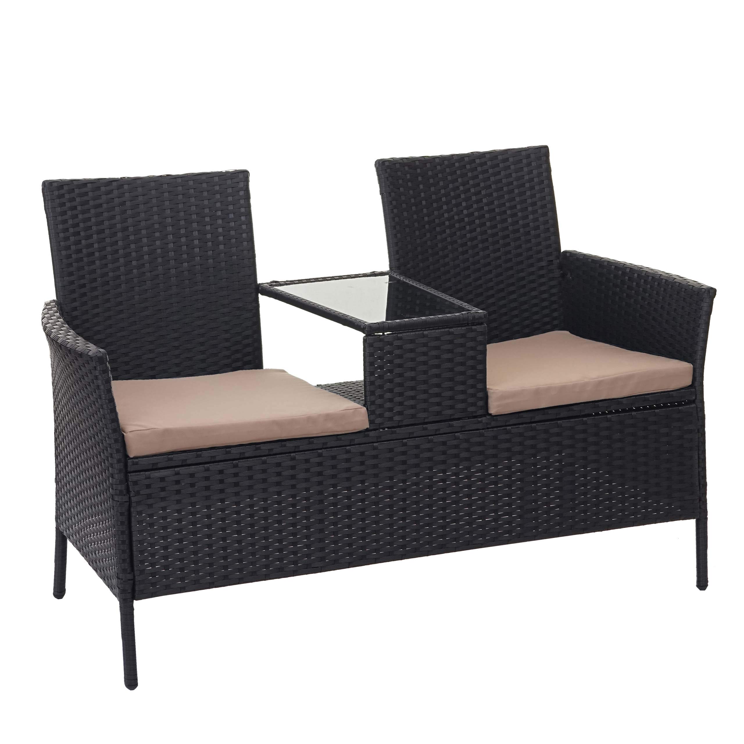 Mendler Poly-Rattan Sitzbank mit Tisch HWC-E24, Gartenbank Sitzgruppe Gartensofa, 132cm - schwarz, Kissen Creme