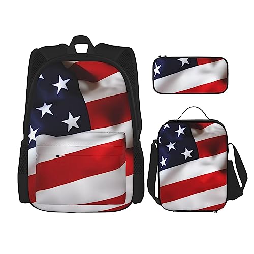 PartyUnix Rucksack mit amerikanischer Flagge, 3-teilig, Schulranzen mit Brotdose und Federmäppchen, geeignet für Jungen und Mädchen, Schwarz , Einheitsgröße, Kinderrucksack