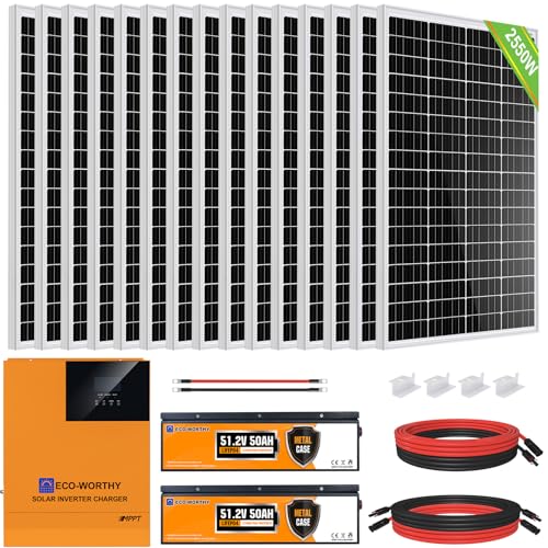 ECO-WORTHY 10.2KWH 2500W 48V Solaranlage Komplettset mit LiFePO4 für Netzunabhängige System,Wohnmobil: 15 * 170W Solarpanel+ 2 * 48V 50Ah LiFePO4+5000W 48V Hybrid Inverter