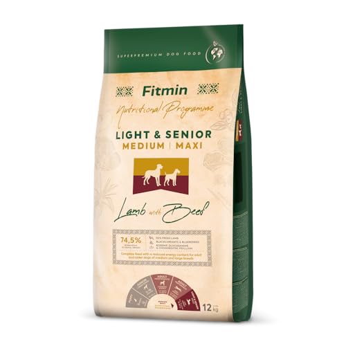 Fitmin Medium Maxi Light & Senior Lamb with Beef | Hundetrockenfutter | Mit Lamm und Rindfleisch | 73% tierischen Rohstoffen | Für ältere Hunde mit reduziertem Energiegehalt | 12kg