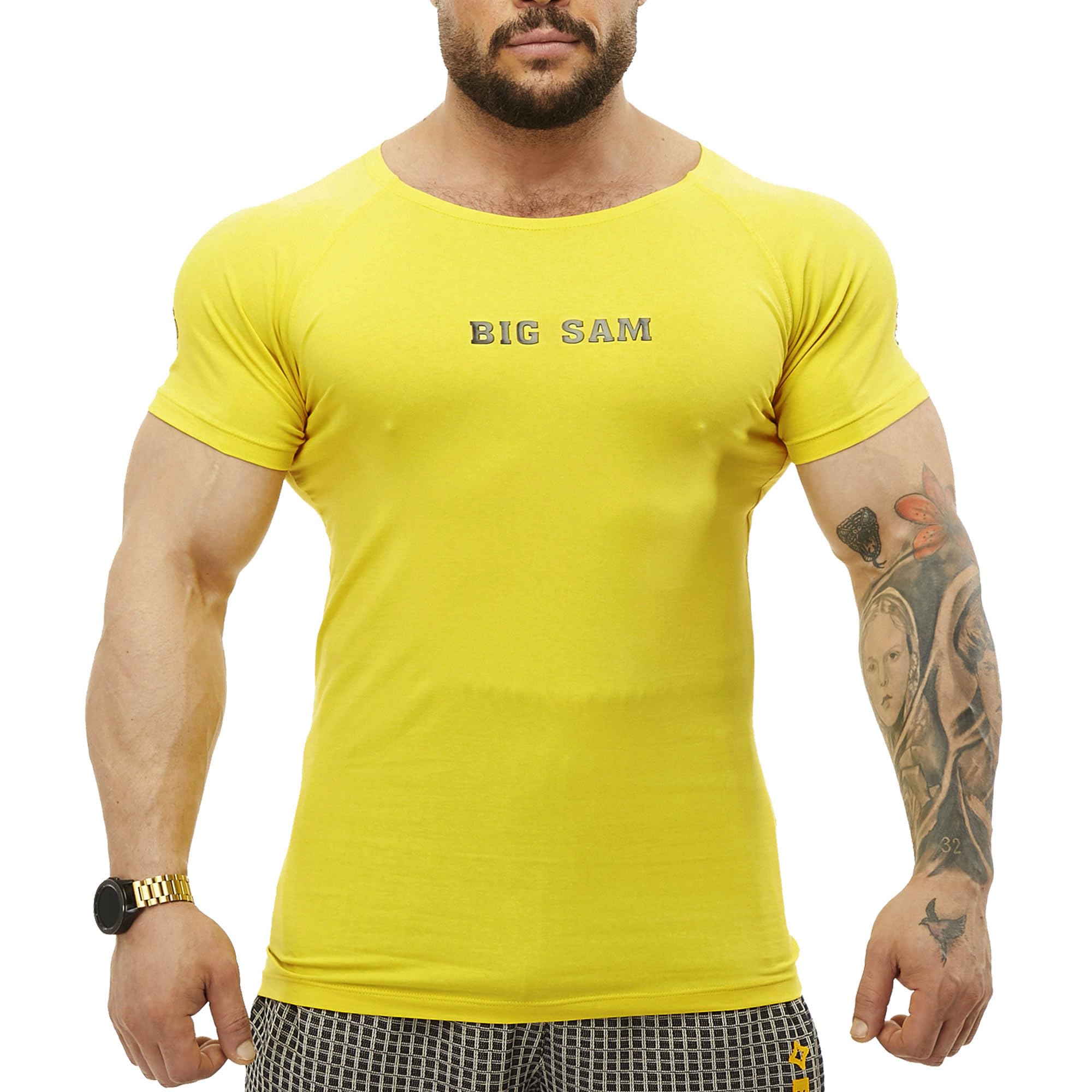 Big SM Sportswear MUSCLEWEAR Shirt T-Shirt Stretch Shirt Bodybuilding Gym Fitness Herren halbarm 2570 gelb XXL