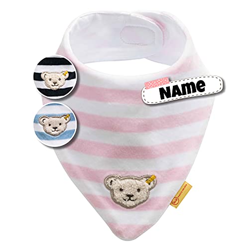 Steiff Baby Halstuch | Nickistoff | Steiff personalisiert Dreieckstuch | Halstuch mit Namen | Fleece | 0-2 Jahre | Klettverschluss | kuschelig warm | Halstuch Baby (Rosa Nicki)