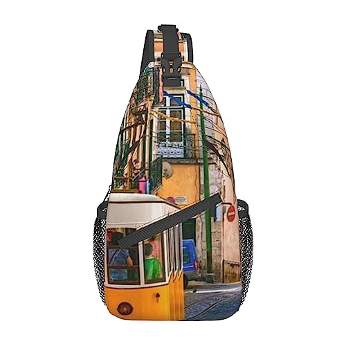Schulterrucksack mit Lissabon-Straßenbahn-Aufdruck, leicht, faltbar, wasserabweisend, für den täglichen Gebrauch, Schwarz , Einheitsgröße