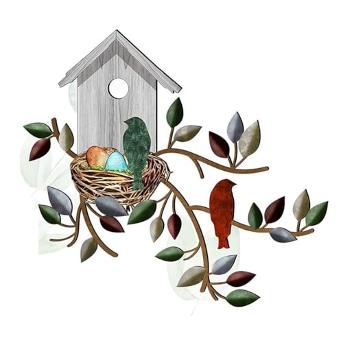 VENYAA Metall-HäNgebaum mit Vogelhaus, Wandkunst, Wanddekoration für Den AußEnbereich, Vogeldekorationen für zu Hause, Metallblatt-Wanddekoration B