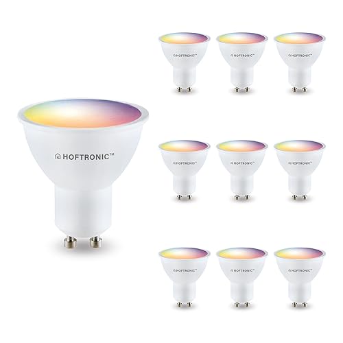 HOFTRONIC - Vorteilspackung 10er Smart Home GU10 LED Strahler - WiFi + Bluetooth - Farbig RGBWW - Steuerbar via Handy und Sprache (Google Home, Amazon Alexa und Siri)