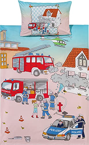 Erwin Müller Kinder-Bettwäsche, Bettgarnitur Polizei und Feuerwehr Flanell blau/rot Größe 100x135 cm (40x60 cm) - hautsymphatisch, mit praktischem Reißverschluss (weitere Größen)