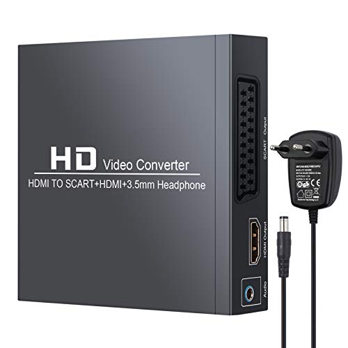 Neoteck HDMI zu SCART/HDMI Konverter HDMI zu Composite-Videosignal/FL/FR-Stereo-Audiosignal Adapter mit 3,5-mm-Kopfhörer und Netzteil Unterstützt 1080P, PAL, NTSC für CRT-TV, VHS-VCR, DVD-Recorder