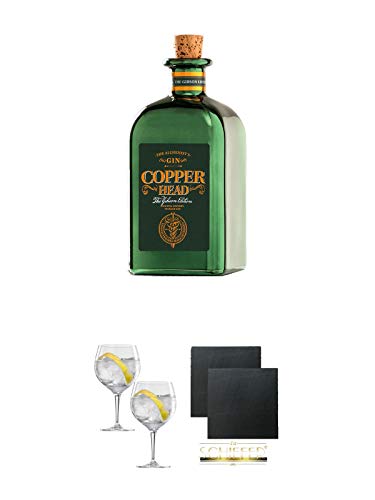 Copperhead GIBSON Gin 0,5 Liter + Spiegelau Gin & Tonic 4390179 2 Gläser + Schiefer Glasuntersetzer eckig ca. 9,5 cm Ø 2 Stück