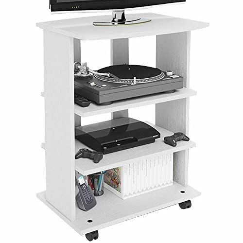 BAKAJI TV-Schrank aus MDF-Holz mit 3 Ablagen für Videospiele DVDs und 4 Rollen, modernes Design, Größe 60 x 45 x 80,5 cm (weiß)