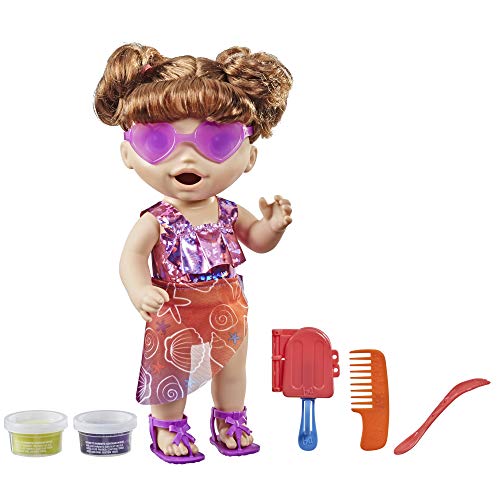 Baby Alive Sunshine Snacks Puppe essen und Poops Sommer Wasserspiel Baby Puppe Ice Pop Form Spielzeug für Kinder ab 3 Jahren, braunes Haar