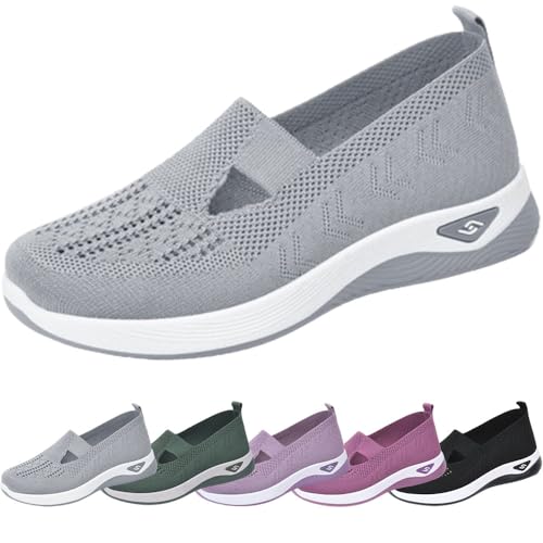 KURTIK Gewebte, atmungsaktive Damenschuhe mit weicher Sohle, Bequeme Mesh-Up-Stretch-Sneaker, Outdoor-Komfort-Freizeitmode-Schuhe mit weicher Sohle rutschfeste komfortable (Grau,10,5-11)