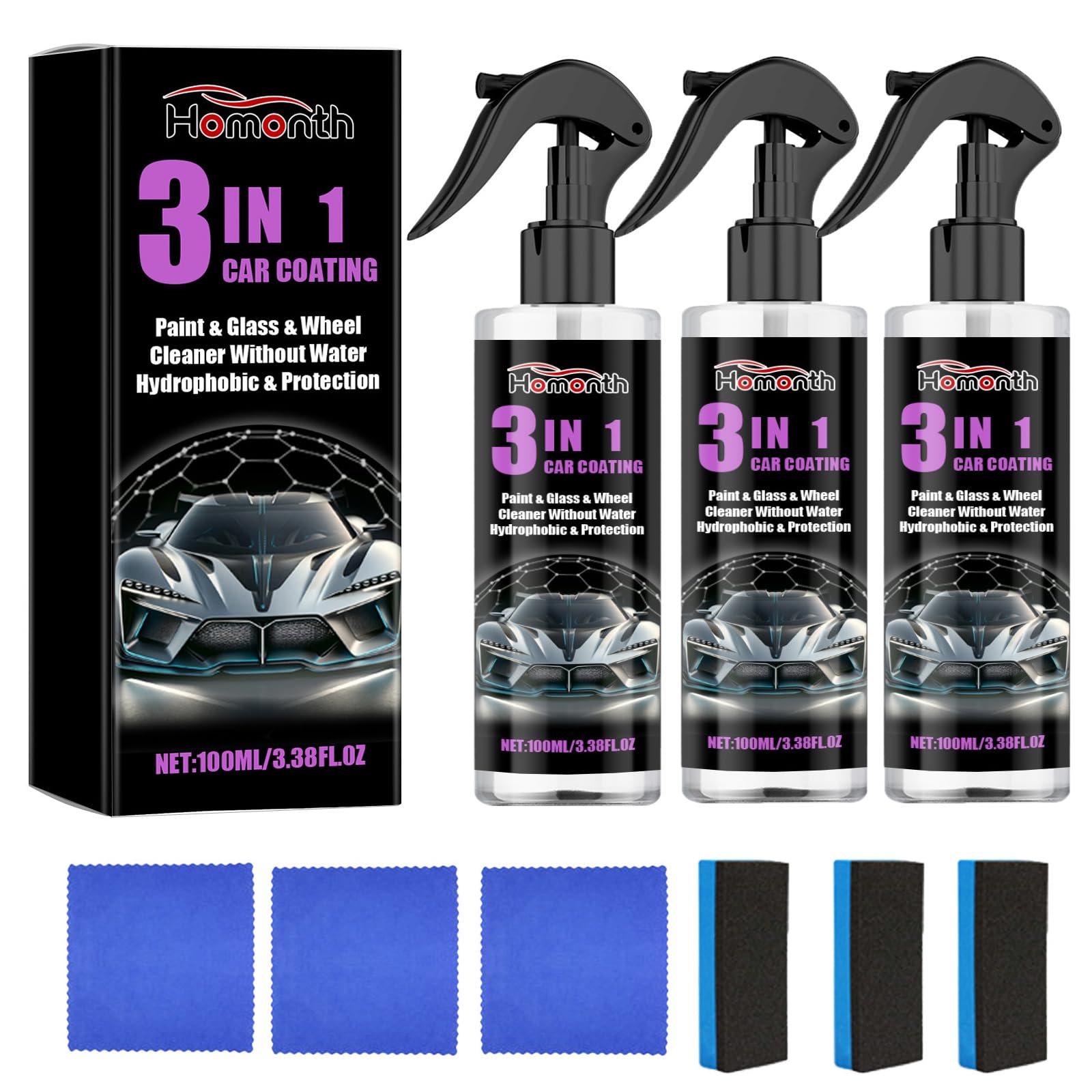 3 in 1 Beschichtungsspray für Auto, 3-in-1 Hoher Schutz Schnelles Auto-Beschichtung Spray, High Protection 3in1 Spray, Autopolitur Spray für Glanz und Schutz, 100ml (3 Stück)