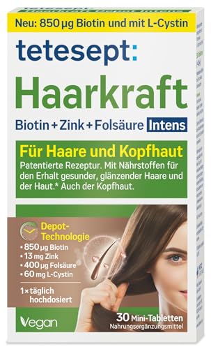 tetesept Haarkraft Depot Intens – Nahrungsergänzungsmittel mit Biotin, Zink und Folsäure – für gesundes, glänzendes Haar und gesunde Haut – 5 x 30 Mini-Tabletten