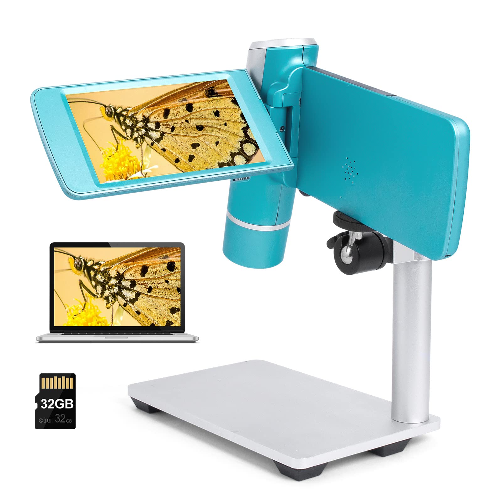 Andonstar AD203 Tragbares Hand Digitales Mikroskop, Taschenmikroskop mit 4-Zoll-Bildschirm für Kinder und Erwachsene, Blaue Metallhalterung, USB-Münzmikroskop, Unterstützung für PC