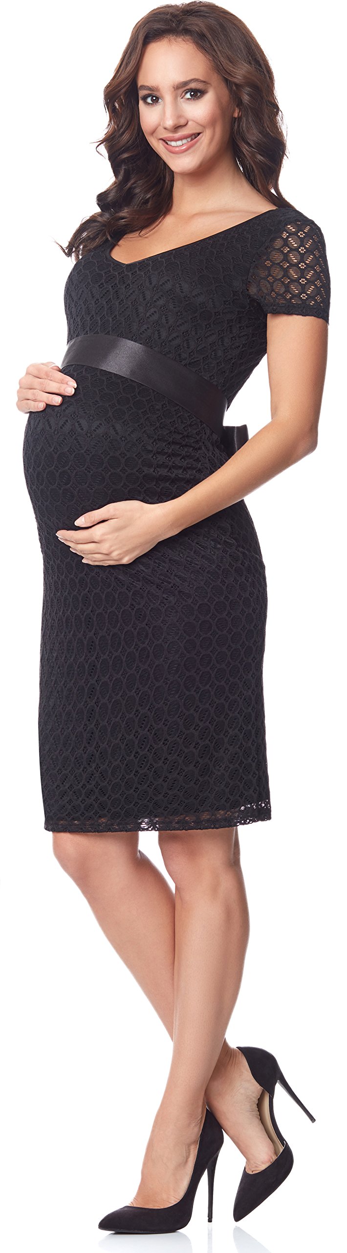 Be Mammy Damen Umstandskleid festlich aus Spitze kurze Ärmel Maternity Schwangerschaftskleid BE20-162 (Schwarz2, XL)